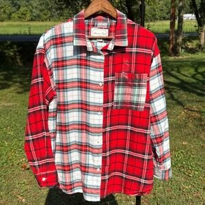 American Eagle AE Lounge Colorblock Plaid Flannel Shirt Large Red White NWT Soft